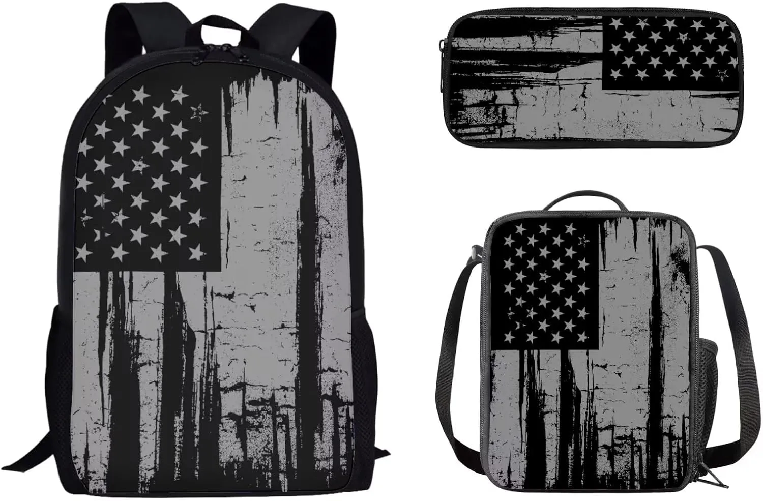 Black USA Flag Backpack for Boys with Lunch Box Pencil Case 3Pcs Boys Girls Bookbag for Elementary 3 in 1 Teens Black USA Flag Printed School Bag Travel Outdoor