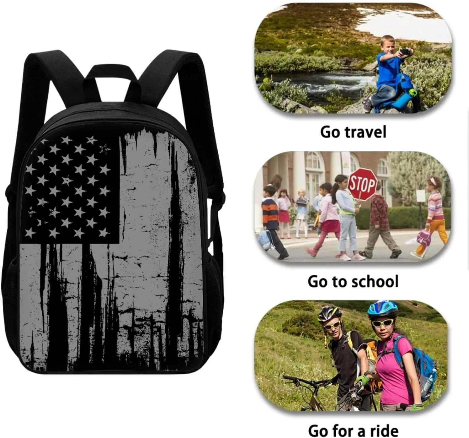 Black USA Flag Backpack for Boys with Lunch Box Pencil Case 3Pcs Boys Girls Bookbag for Elementary 3 in 1 Teens Black USA Flag Printed School Bag Travel Outdoor