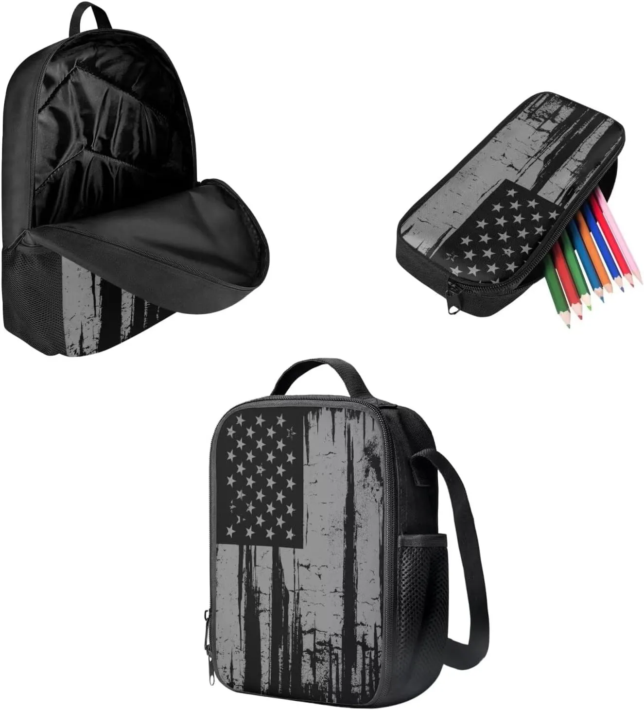 Black USA Flag Backpack for Boys with Lunch Box Pencil Case 3Pcs Boys Girls Bookbag for Elementary 3 in 1 Teens Black USA Flag Printed School Bag Travel Outdoor