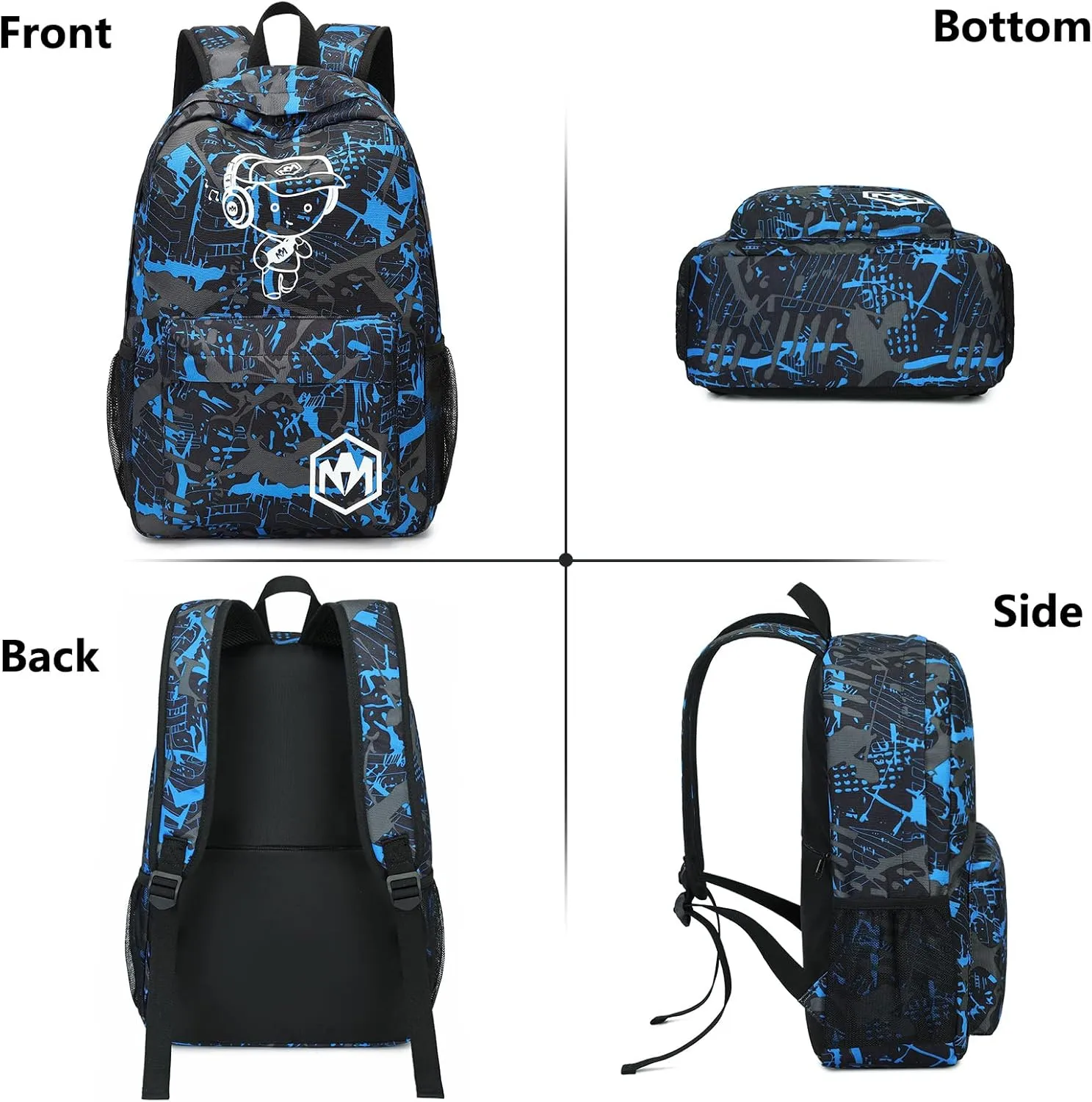 Bluboon School Backpack for Boys Teens Bookbag Travel Daypack Kids Girls Lunch Bag Pencil Case (Blue-3pcs)