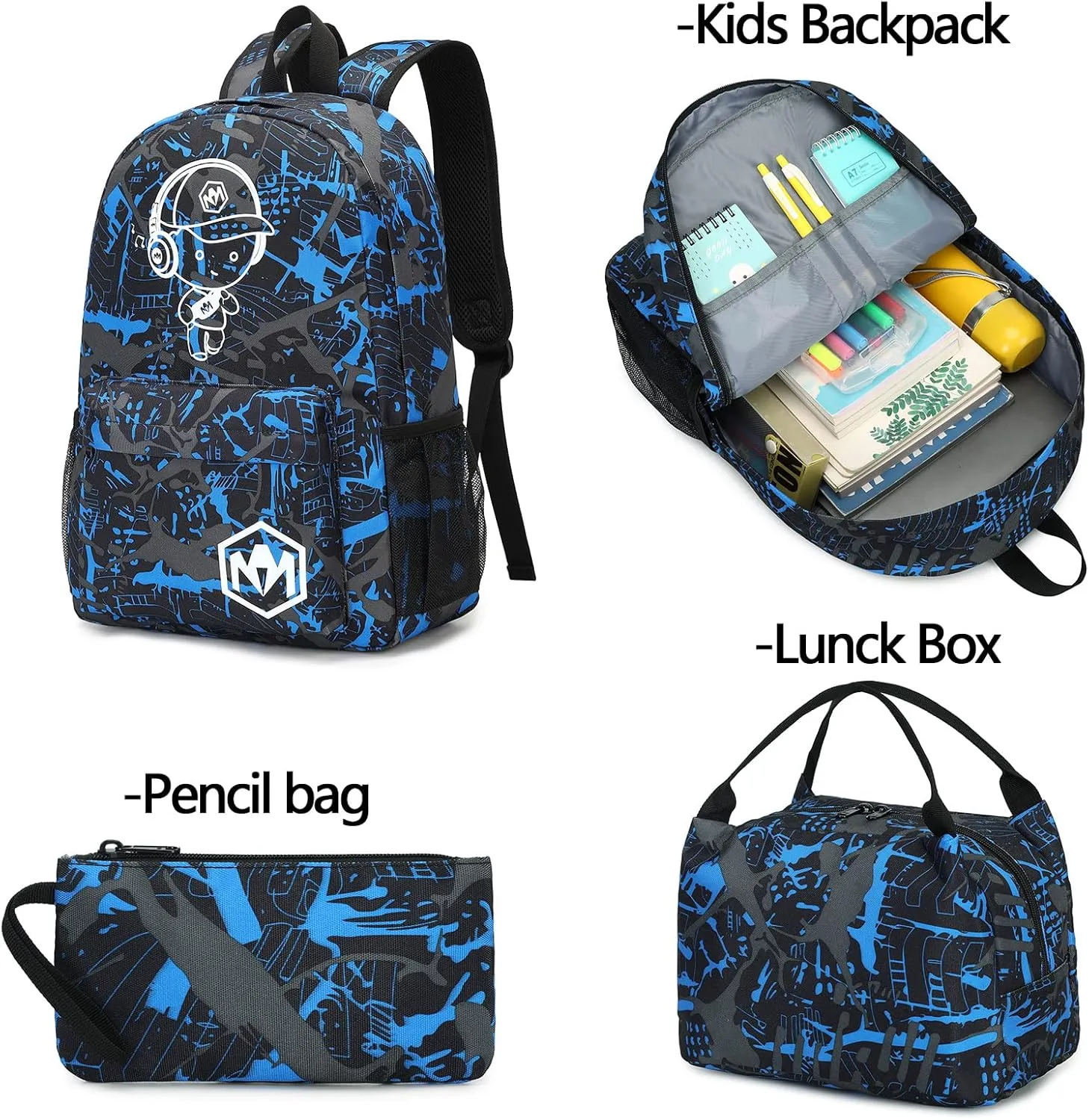 Bluboon School Backpack for Boys Teens Bookbag Travel Daypack Kids Girls Lunch Bag Pencil Case (Blue-3pcs)