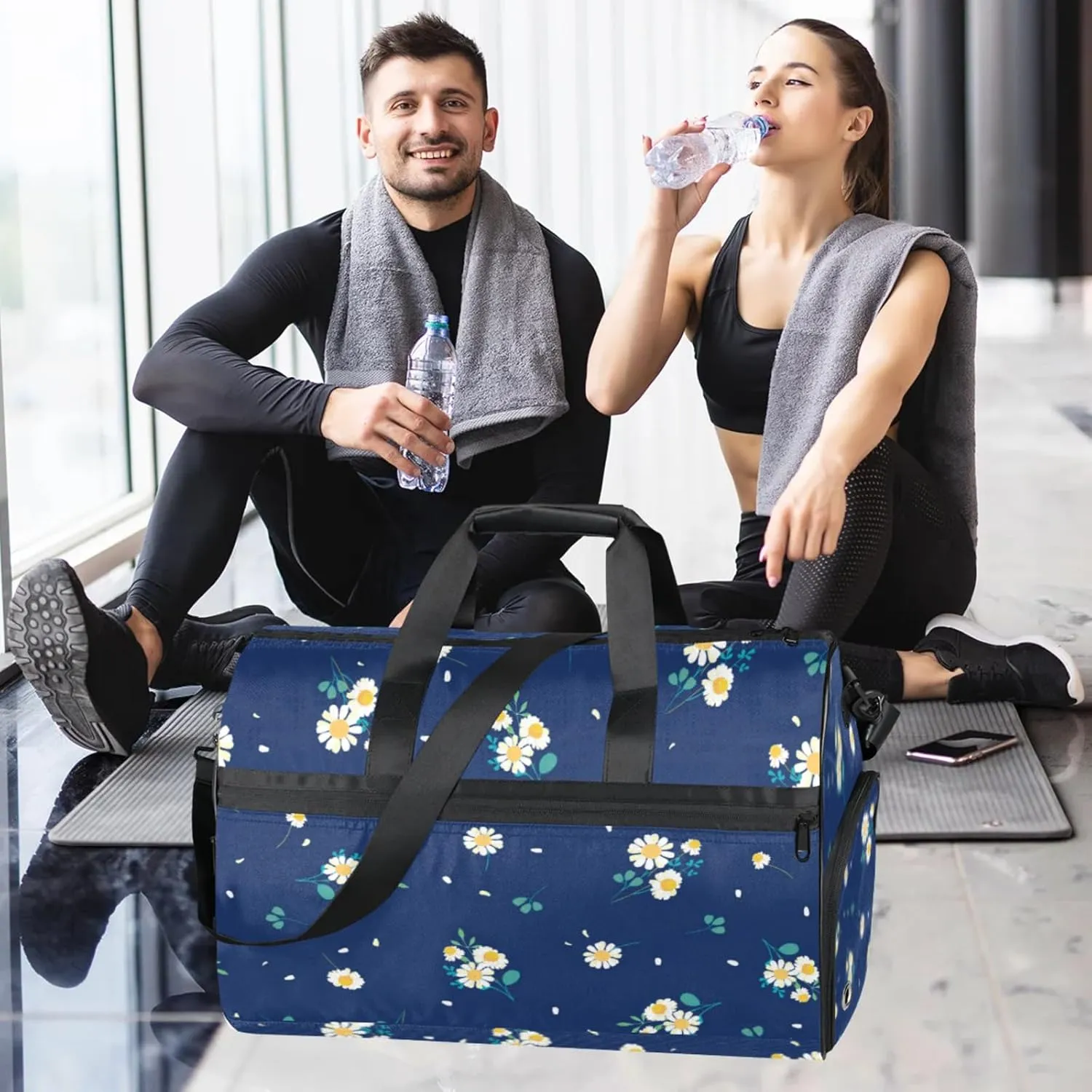 Blue Cartoon Gym Duffle Bag for Women,Waterproof Sports Cute Sunflower Duffle Bags Travel Weekender Bags for Men Women Overnight Bag with Shoes Compartment