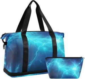 Blue Electrical Sparks Gym Bag - Weekender Overnight Bags for Women Men, Sport Travel Duffel Bag with Wet Pocket & Shoe Compartment