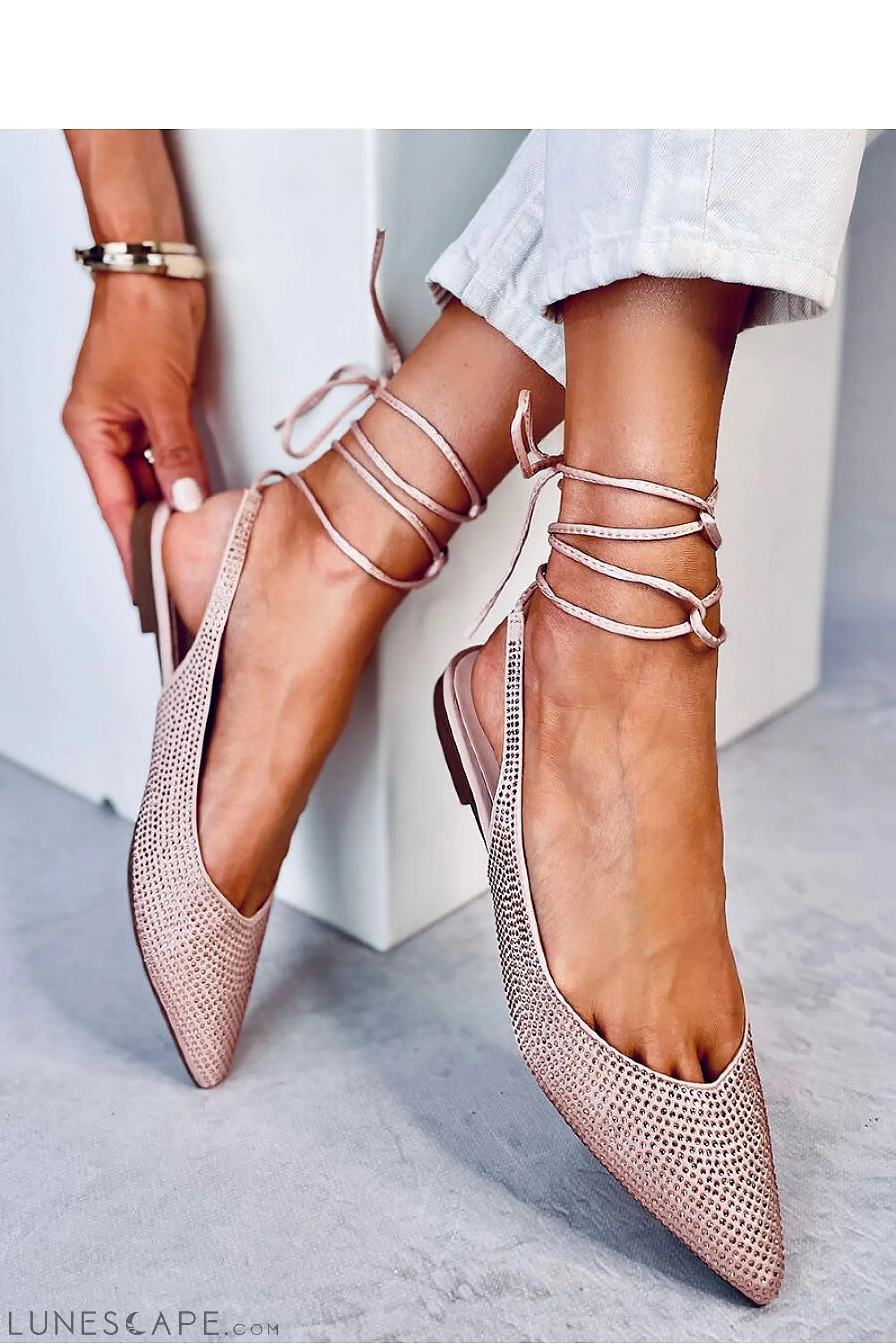 Blush Rhinestone Pointed-Toe Lace-Up Ballerina Flats