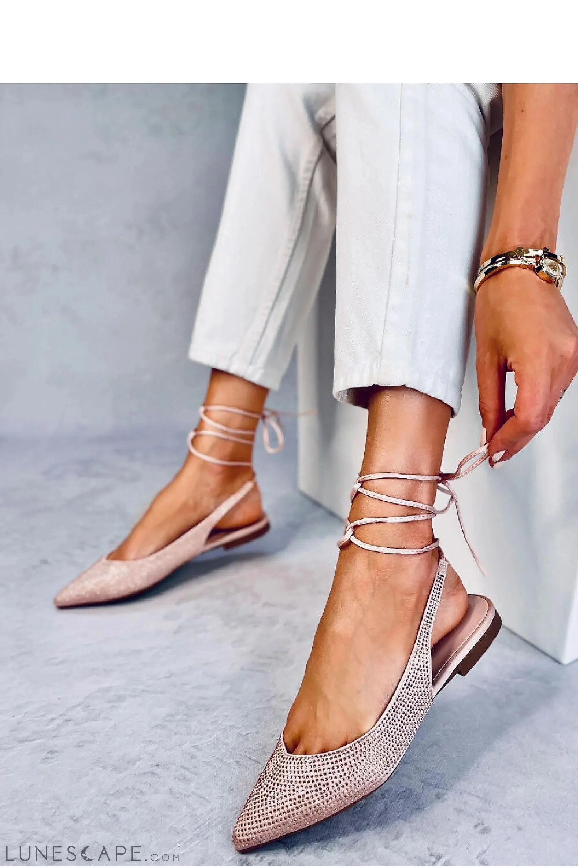 Blush Rhinestone Pointed-Toe Lace-Up Ballerina Flats