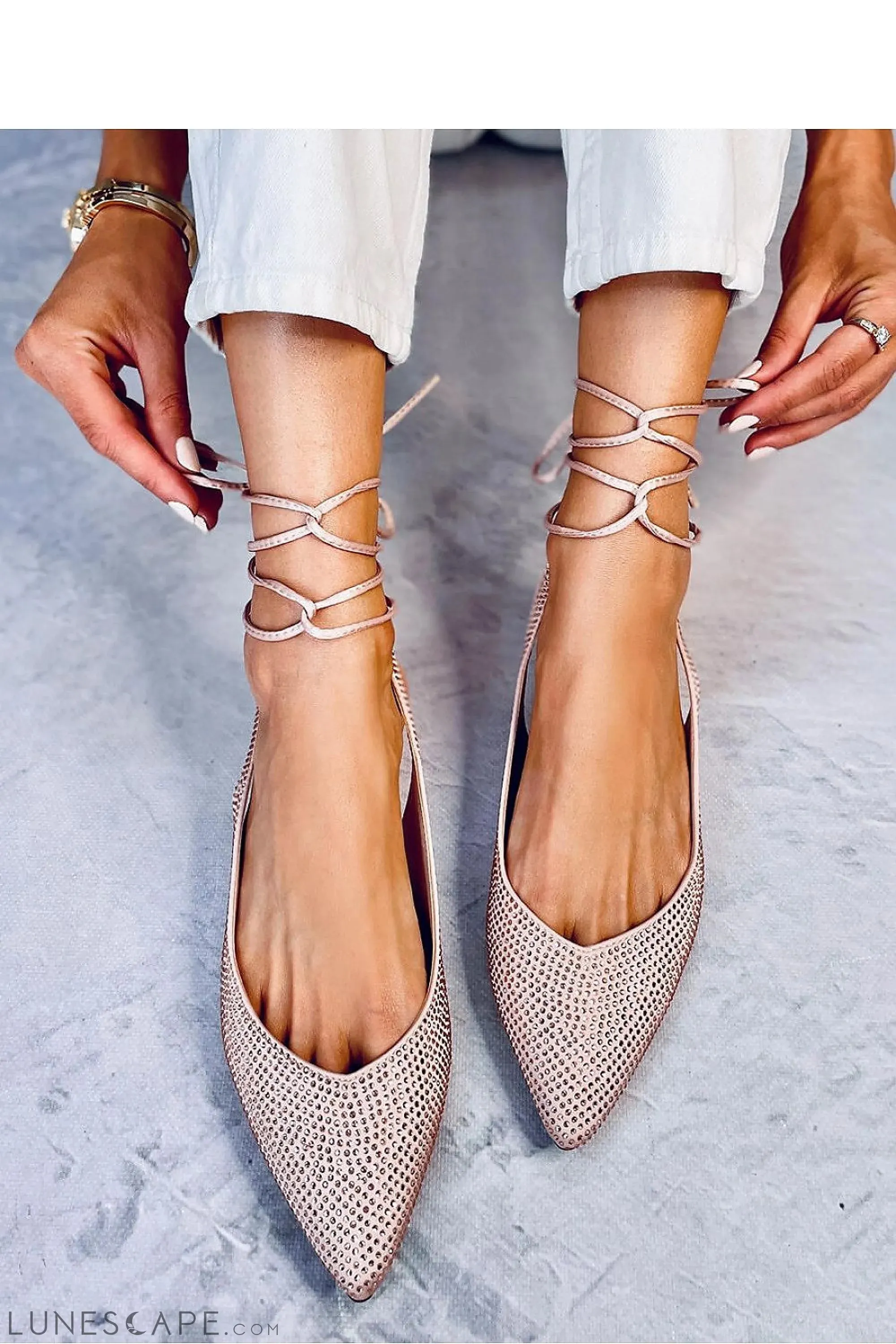 Blush Rhinestone Pointed-Toe Lace-Up Ballerina Flats