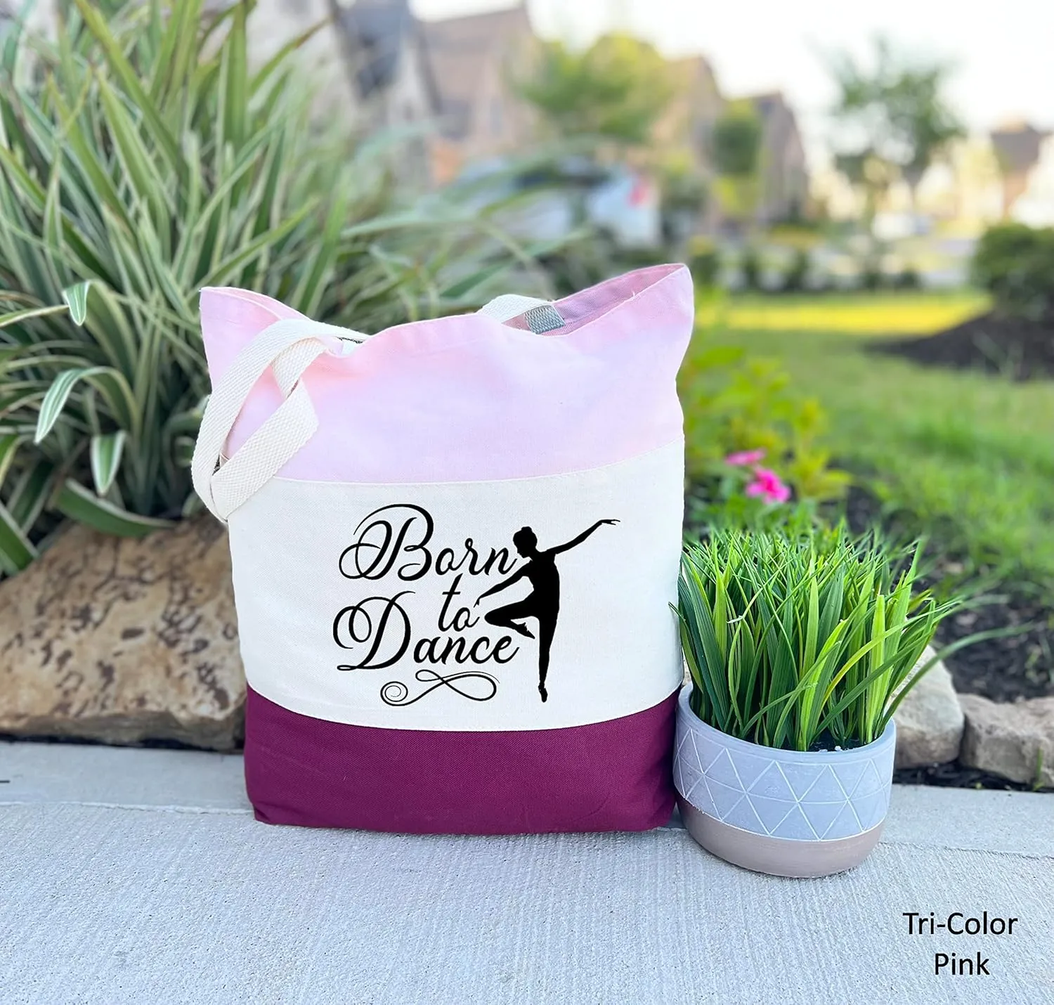 Born to Dance Tote Bag, Dancer Bag, Ballerina Bag, Ballet Bag, Dancer Gift, Christmas Dance Gift, Dance Teacher Gift, Trendy Dancer Bag (15"L x 15"H x 3"D, Tri-Color Pink)