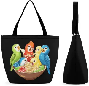 Bowl of Birbs Eating Noodles Womens Tote Bag Purse with Zippered Shoulder Handbags For Work