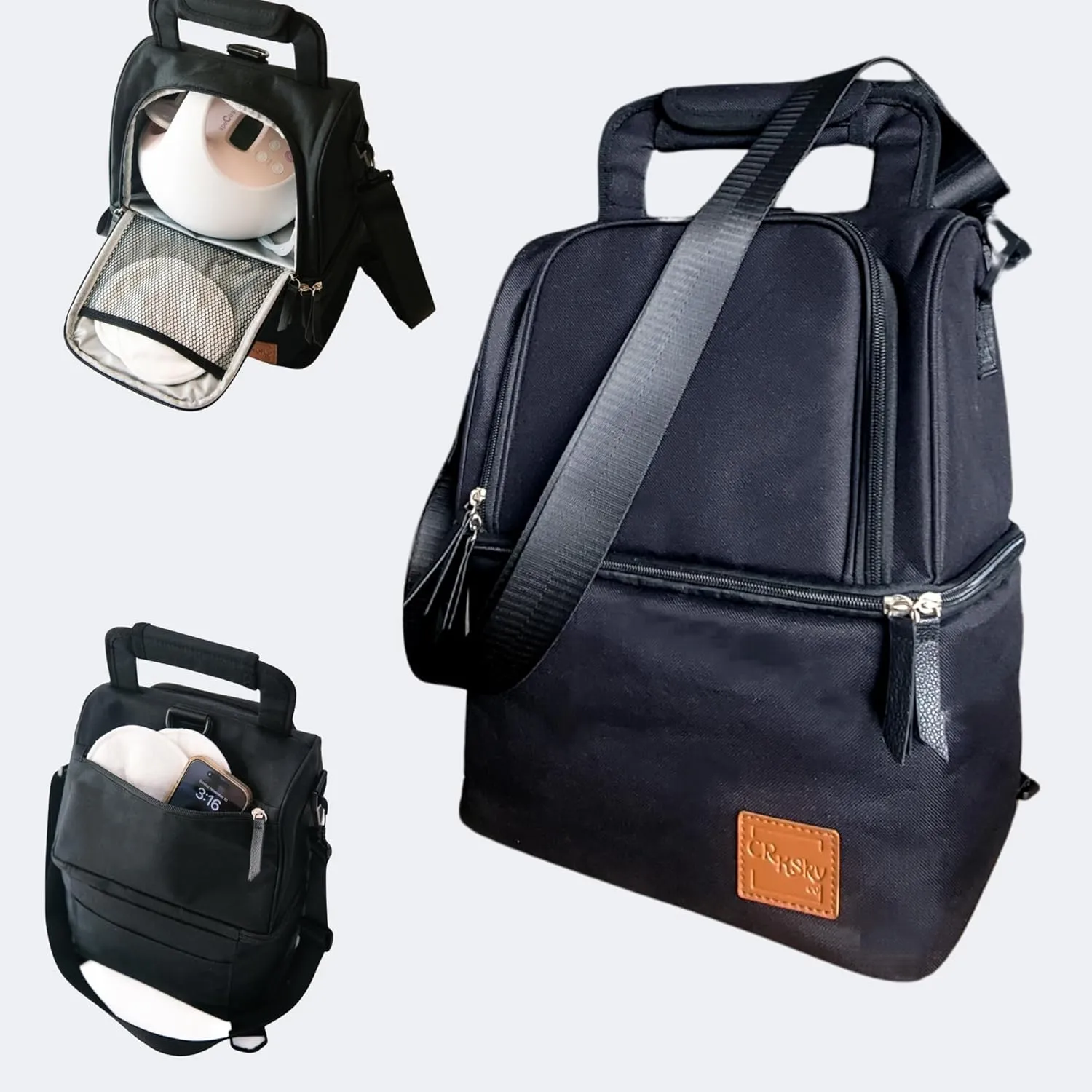 Breast Milk Cooler - Leak-Proof Wearable Pump Bag Keeps Milk Cool for 12 Hrs - Polyester Bags w/Multiple Compartments - Bottle Cooler for Pumps & More (Black)