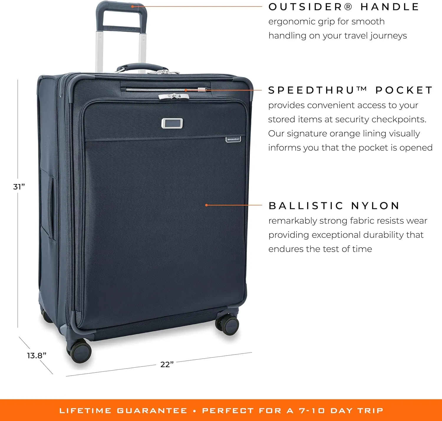 Briggs & Riley 31" Extra Large Expandable Spinner - Checked Luggage for Travel, Suitcases with Wheels, Softside Rolling Bag for Men & Women, Self-Repairing Zipper - Baseline Collection, Navy