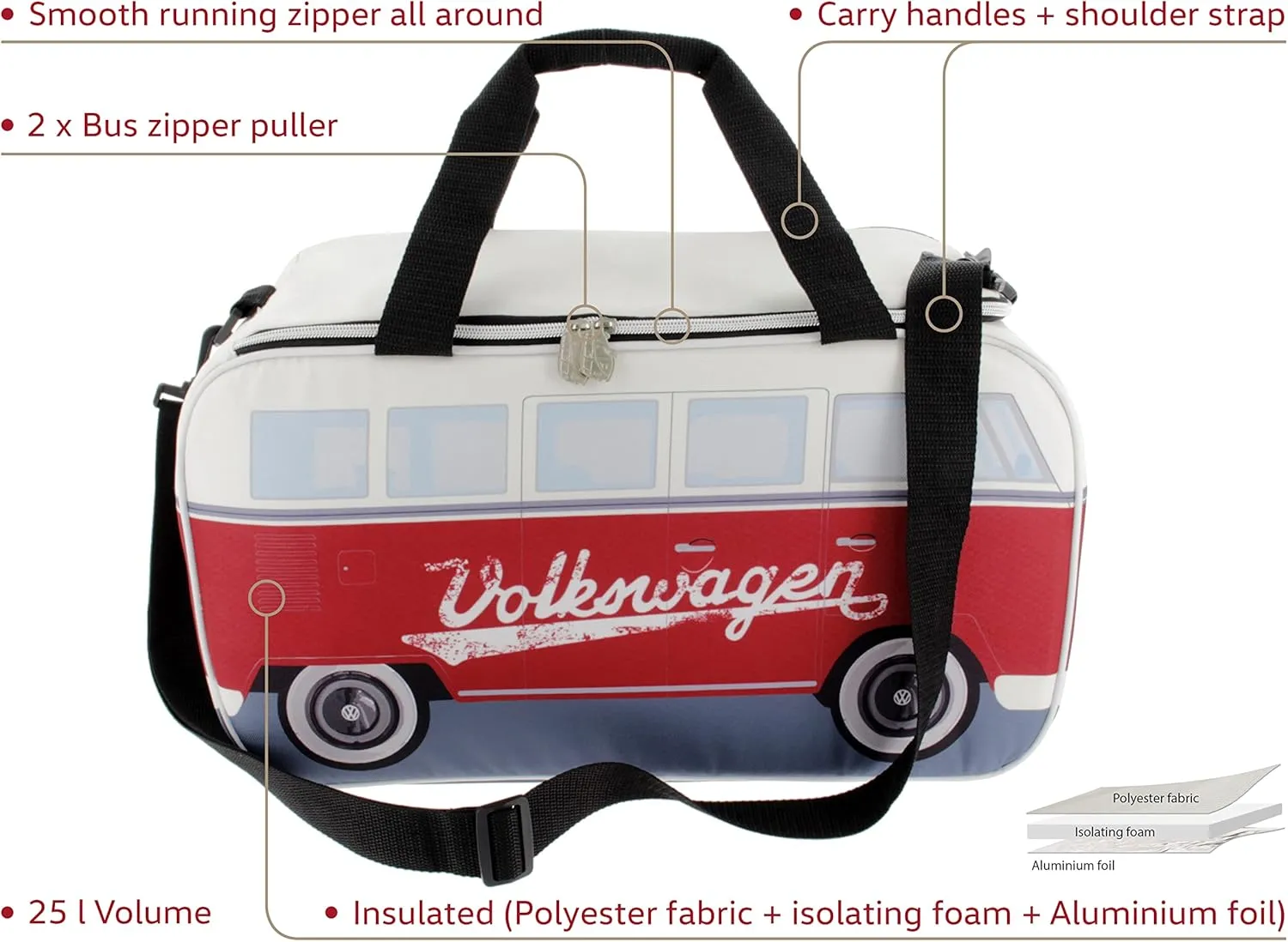 BRISA VW Collection - Volkswagen Insulated Cool-Warm Thermo Picnic Lunch Bag Box for Food in T1 Bus Design (25 Liters/6.6 Gallons)