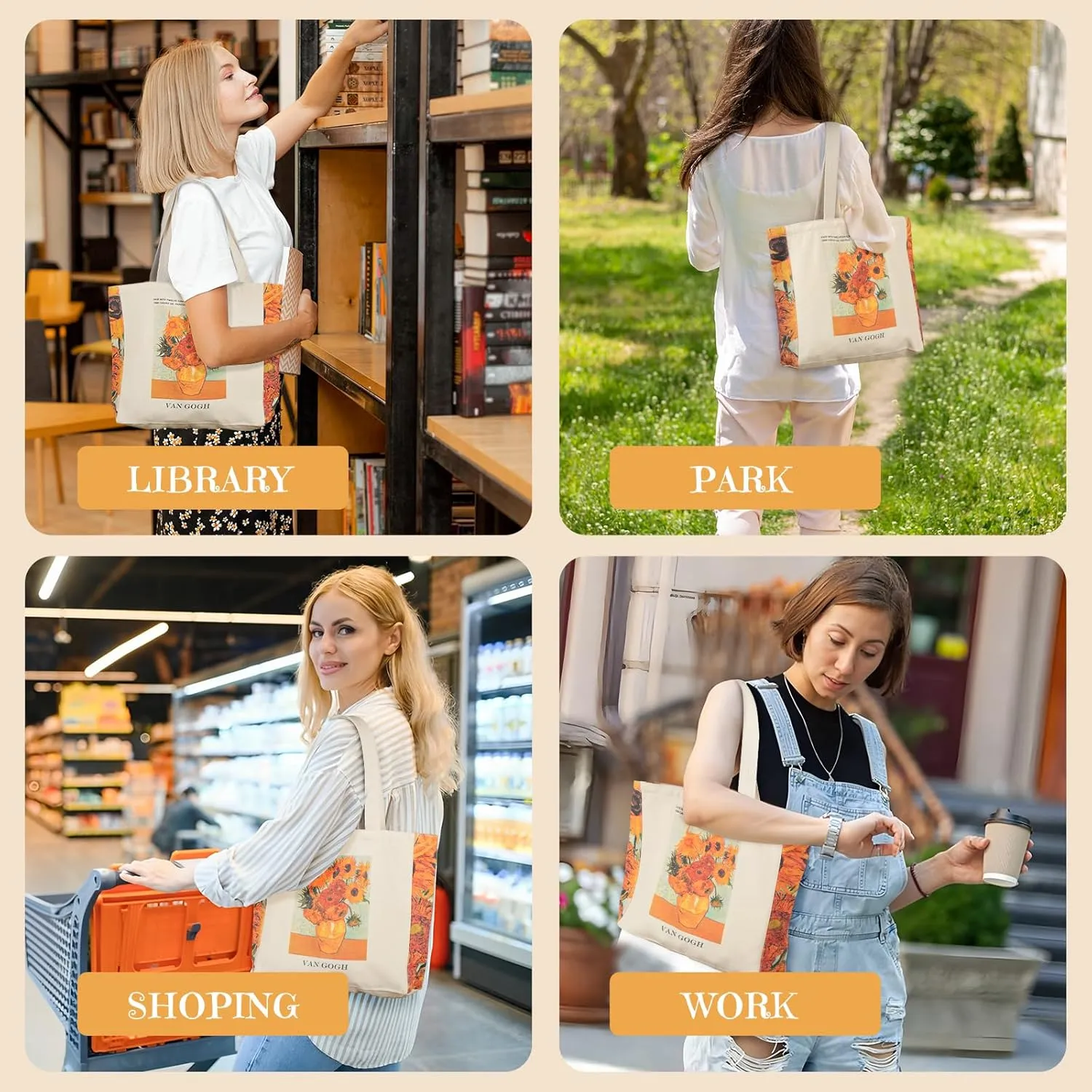 BROADREAM Canvas Tote Bag Aesthetic Shoulder Bag with Zippers and Interior Pocket