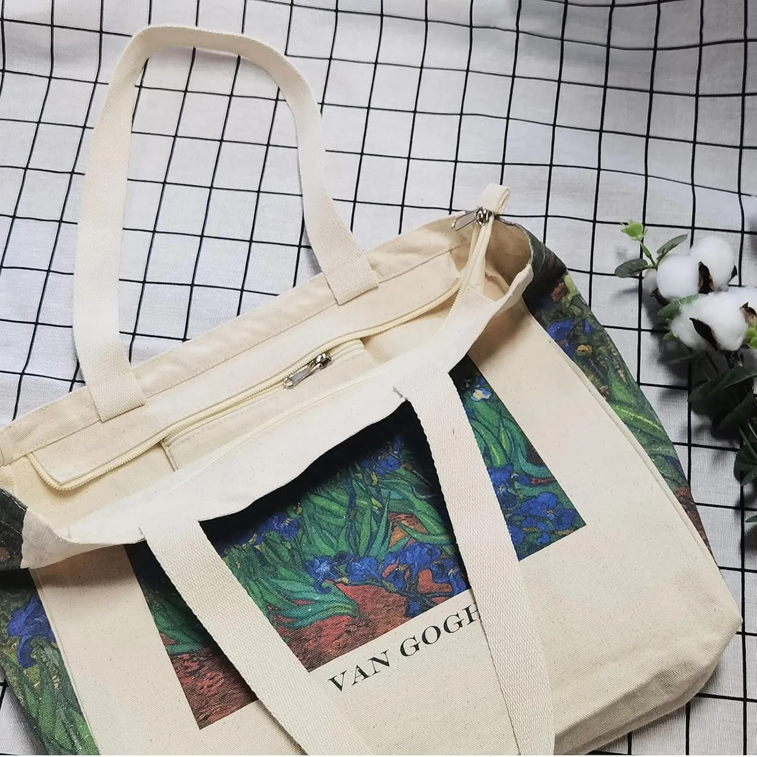 BROADREAM Canvas Tote Bag Aesthetic Shoulder Bag with Zippers and Interior Pocket