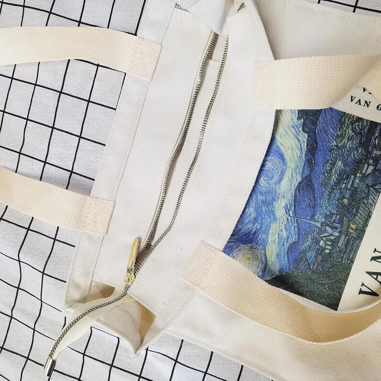 BROADREAM Canvas Tote Bag Aesthetic Shoulder Bag with Zippers and Interior Pocket
