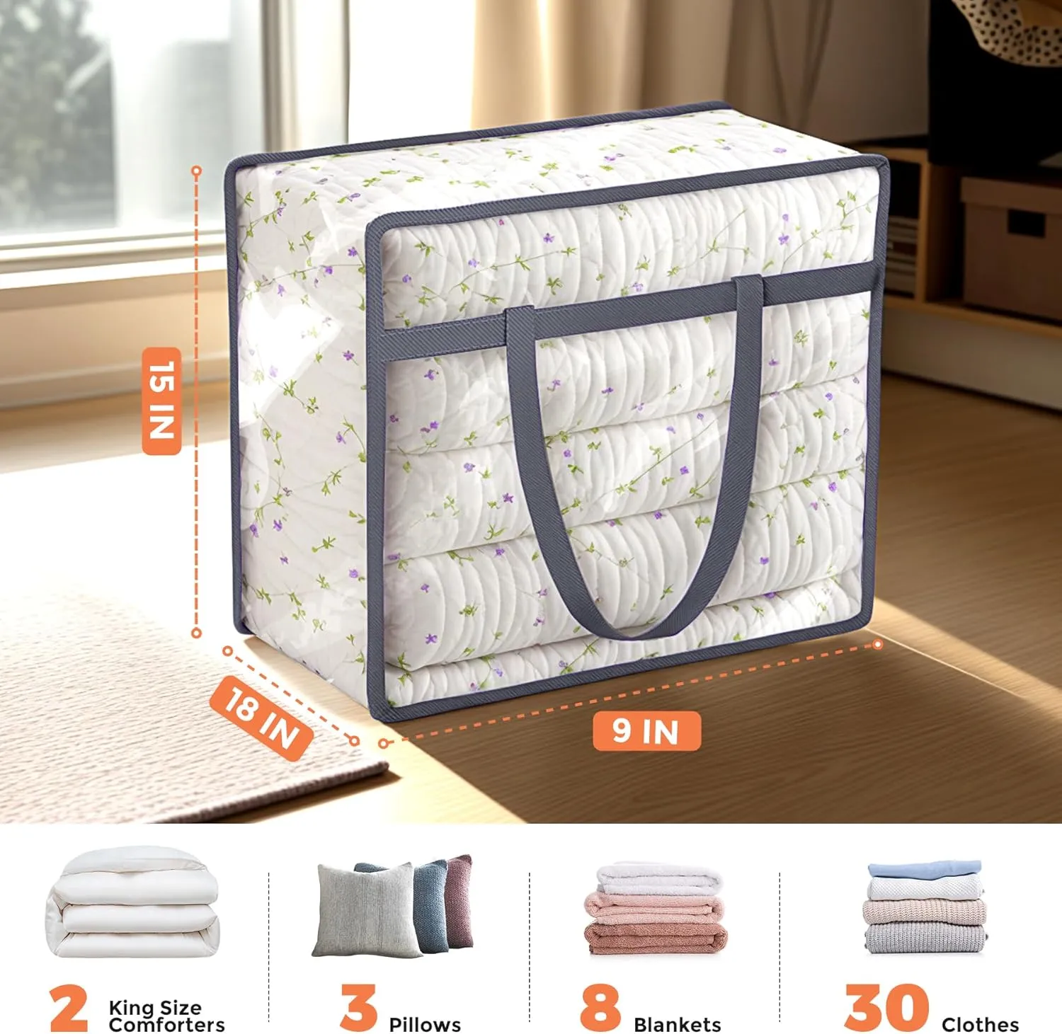 Budding Joy 6 Pack Clear Zippered Storage Bags for Clothes,40L Closet Organizers and Storage Containers Vinyl Moving Bag for Bedding, Linen, Blankets, Comforters, Clothing & Toys, Grey