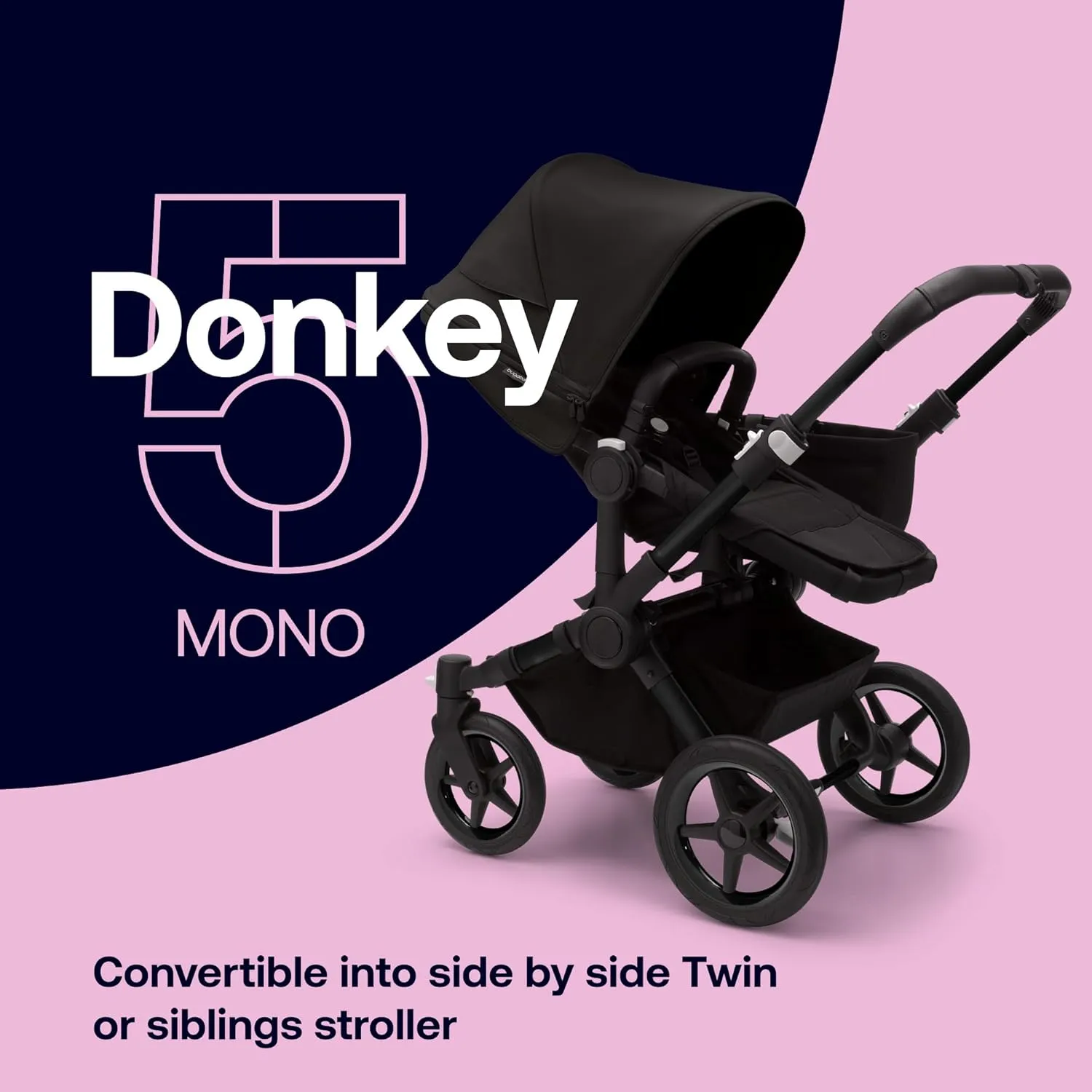 Bugaboo Donkey 5 Mono Complete - Single Stroller Converts to Side-by-Side Double Stroller, Multiple Seat Positions - Alu/Midnight Black-Midnight Black