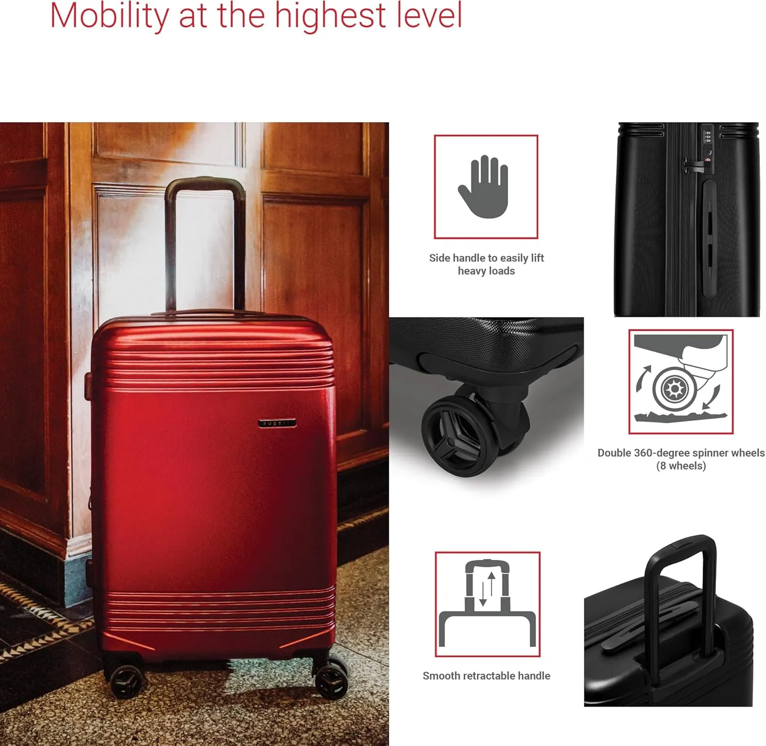 Bugatti Nashville Collection 24 Inch Hard Shell Luggage for Airplanes, Mid Size Hardside Expandable Suitcase with 360-Degree Spinner Wheels, Retractable Handle, Black