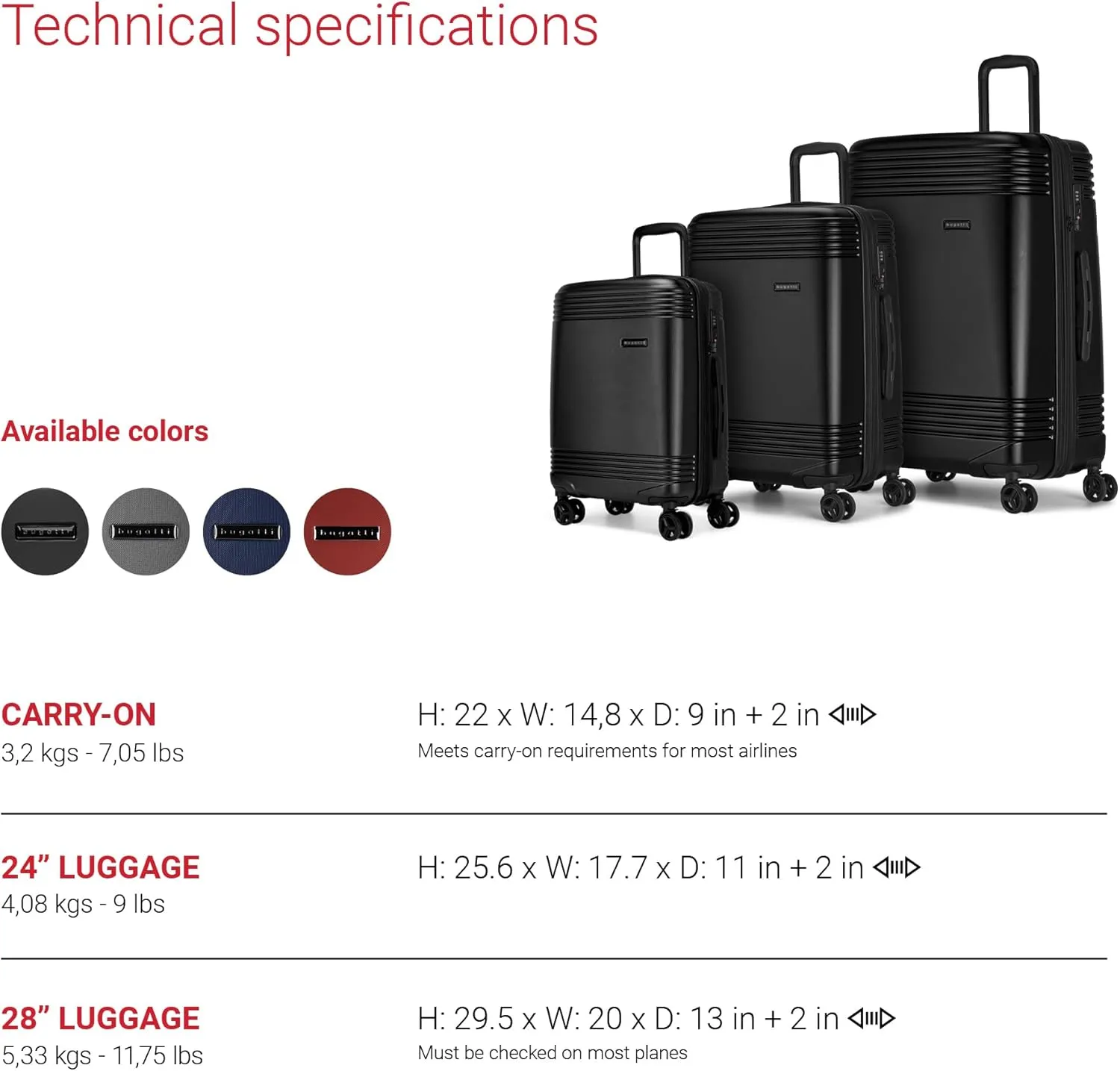 Bugatti Nashville Collection 24 Inch Hard Shell Luggage for Airplanes, Mid Size Hardside Expandable Suitcase with 360-Degree Spinner Wheels, Retractable Handle, Black