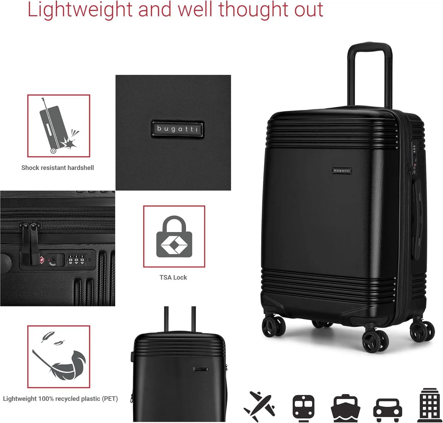 Bugatti Nashville Collection 24 Inch Hard Shell Luggage for Airplanes, Mid Size Hardside Expandable Suitcase with 360-Degree Spinner Wheels, Retractable Handle, Black