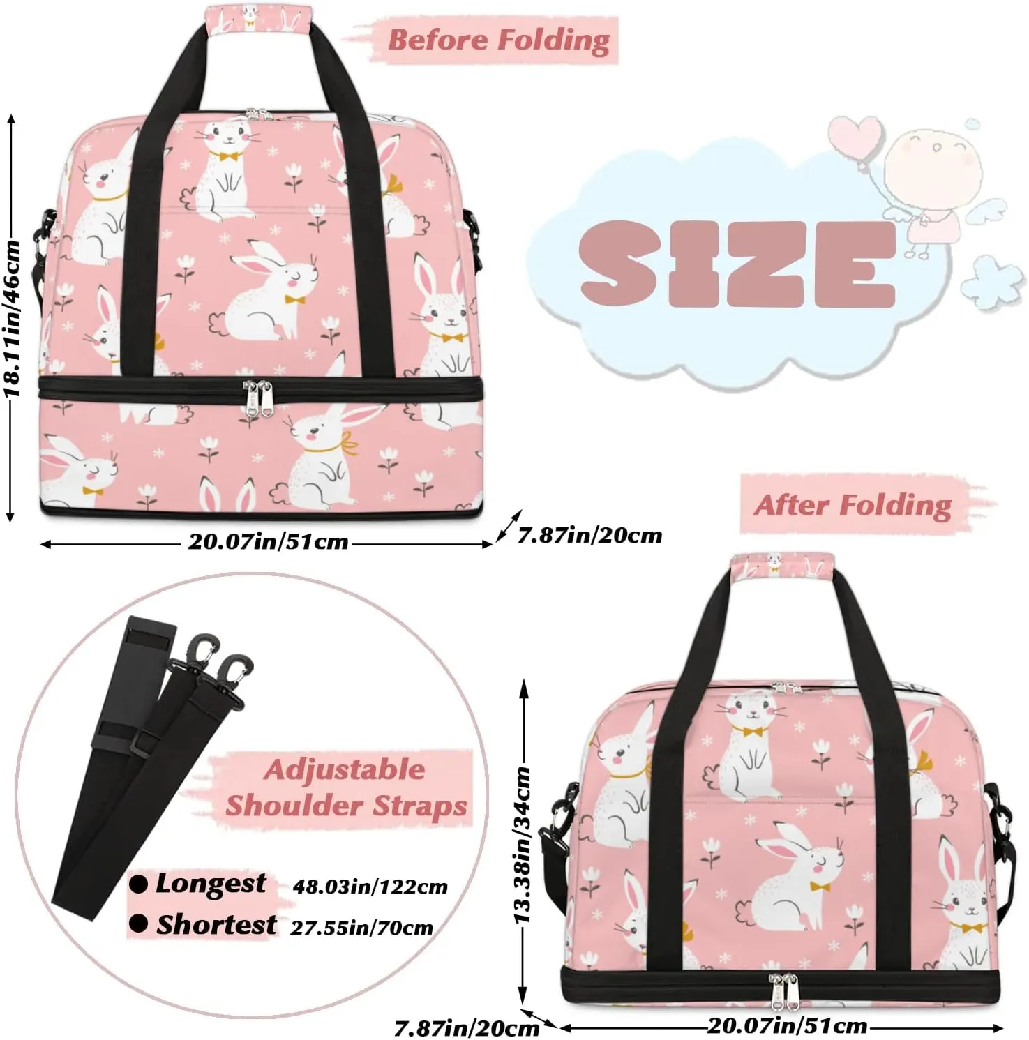 Bunny Flower Sports Gym Bag with Shoes Compartment Foldable Travel Duffel Bag Dry Wet Separated Sports Tote Workout Weekender Overnight Bag for Women Yoga Dance Work Training Handbag