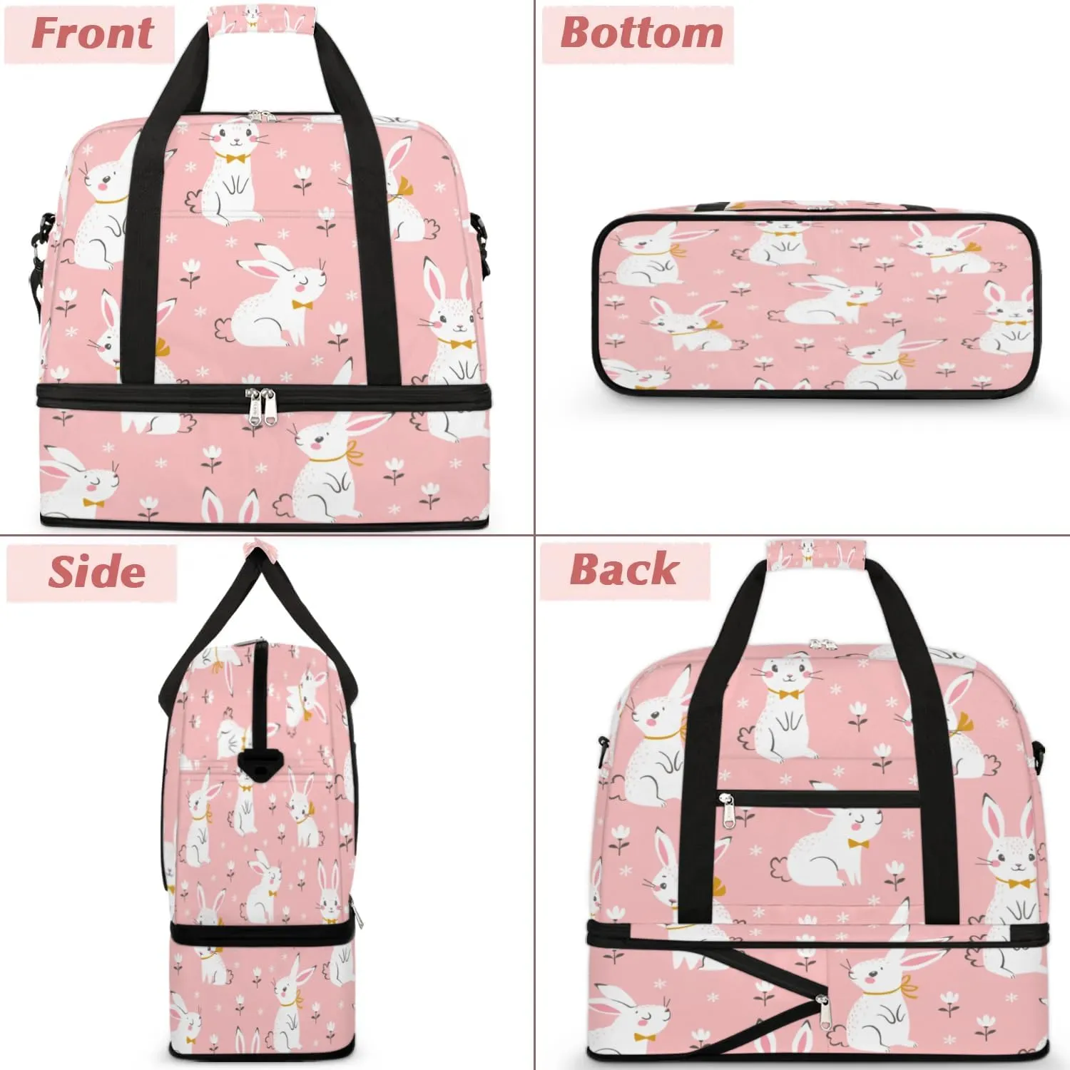 Bunny Flower Sports Gym Bag with Shoes Compartment Foldable Travel Duffel Bag Dry Wet Separated Sports Tote Workout Weekender Overnight Bag for Women Yoga Dance Work Training Handbag