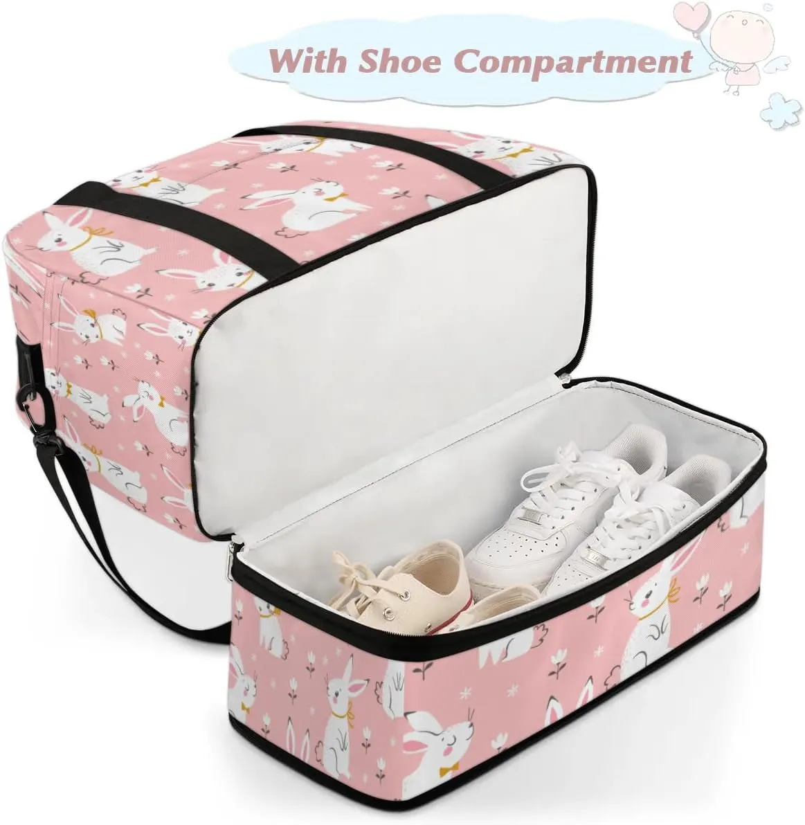 Bunny Flower Sports Gym Bag with Shoes Compartment Foldable Travel Duffel Bag Dry Wet Separated Sports Tote Workout Weekender Overnight Bag for Women Yoga Dance Work Training Handbag