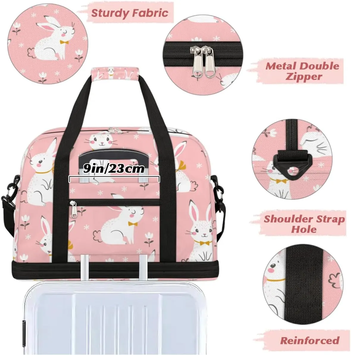 Bunny Flower Sports Gym Bag with Shoes Compartment Foldable Travel Duffel Bag Dry Wet Separated Sports Tote Workout Weekender Overnight Bag for Women Yoga Dance Work Training Handbag