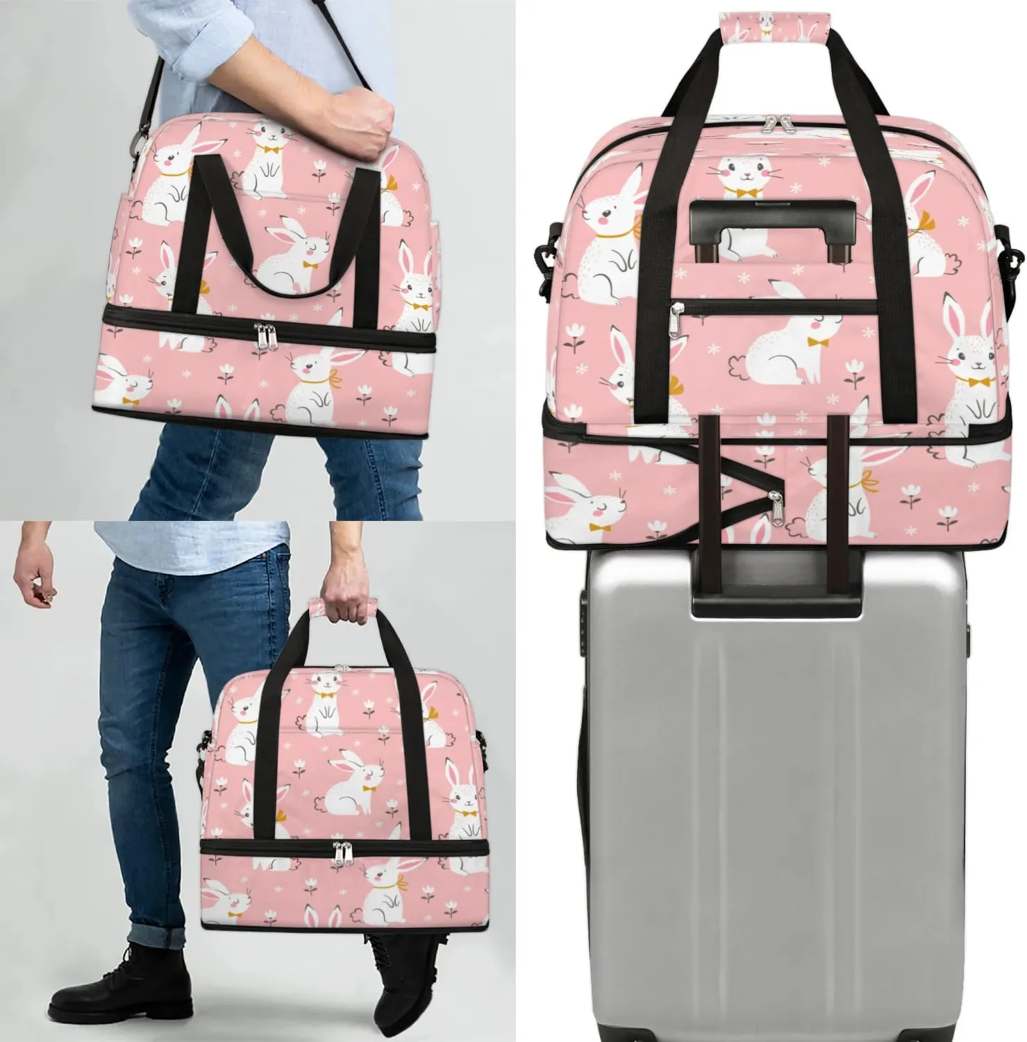 Bunny Flower Sports Gym Bag with Shoes Compartment Foldable Travel Duffel Bag Dry Wet Separated Sports Tote Workout Weekender Overnight Bag for Women Yoga Dance Work Training Handbag