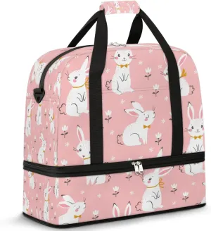 Bunny Flower Sports Gym Bag with Shoes Compartment Foldable Travel Duffel Bag Dry Wet Separated Sports Tote Workout Weekender Overnight Bag for Women Yoga Dance Work Training Handbag