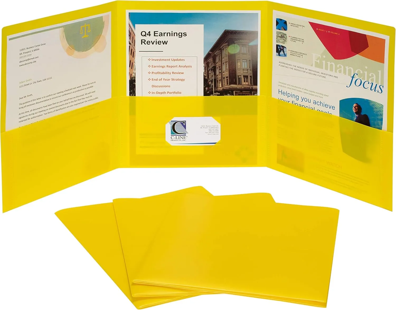 C-Line 3-Pocket Tri-Fold Heavyweight Poly Portfolios, Yellow, Box of 24 (33946-24)