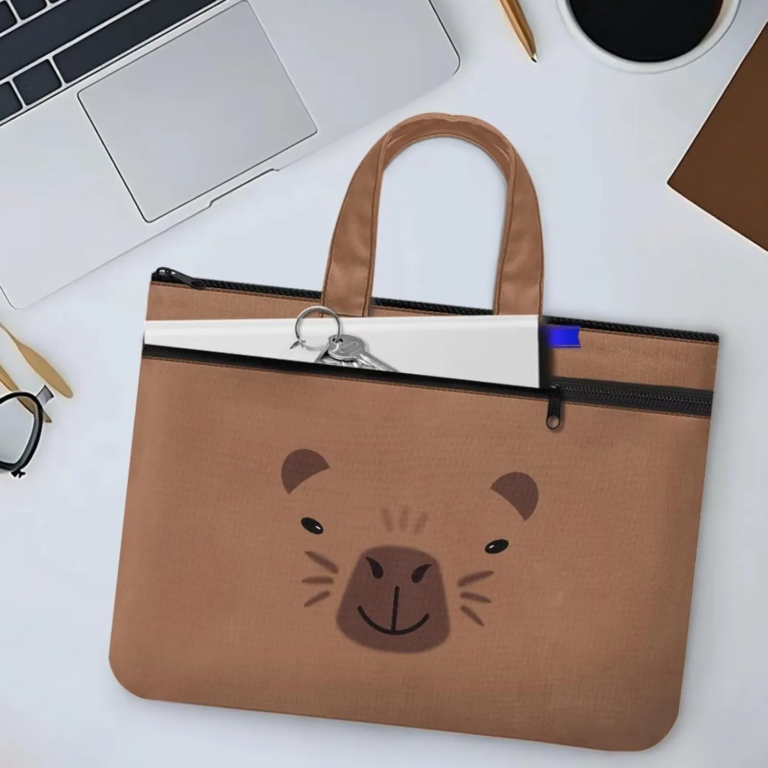 Canvas Document Bag with Zipper Portable Briefcase Portfolio Folder 2 Compartments Handbag Meeting Office Organizer Briefcase