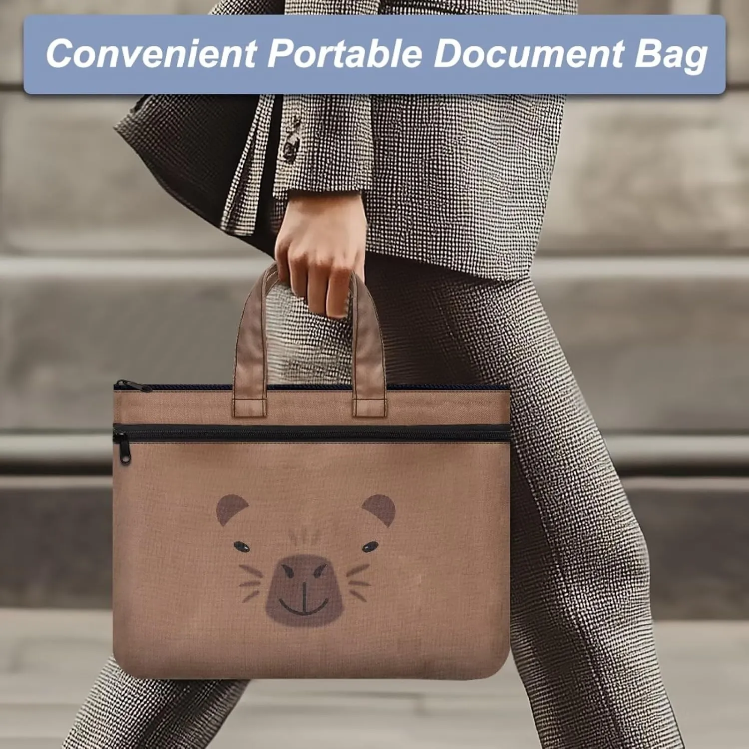 Canvas Document Bag with Zipper Portable Briefcase Portfolio Folder 2 Compartments Handbag Meeting Office Organizer Briefcase