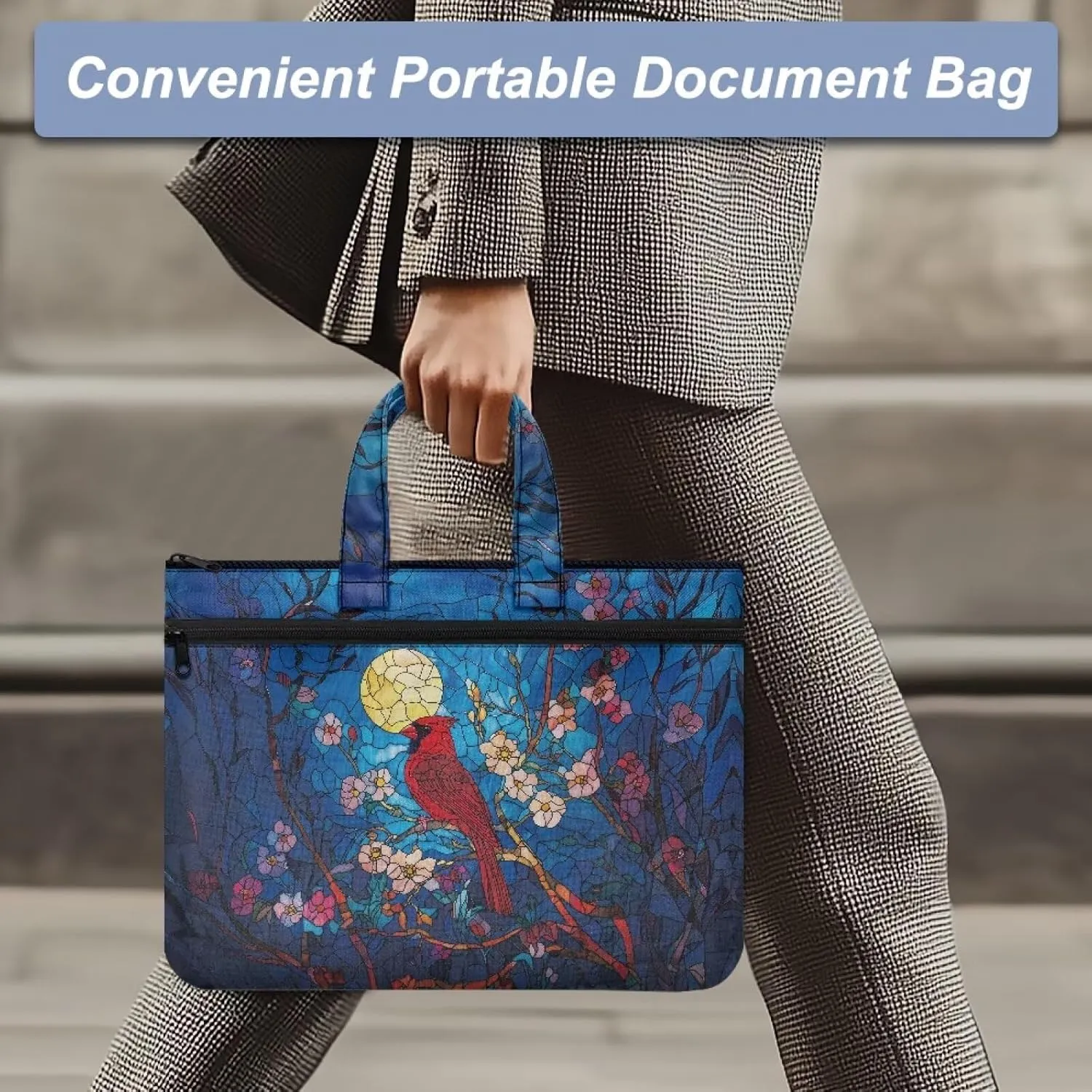 Canvas Document Bag with Zipper Portable Briefcase Portfolio Folder 2 Compartments Handbag Meeting Office Organizer Briefcase