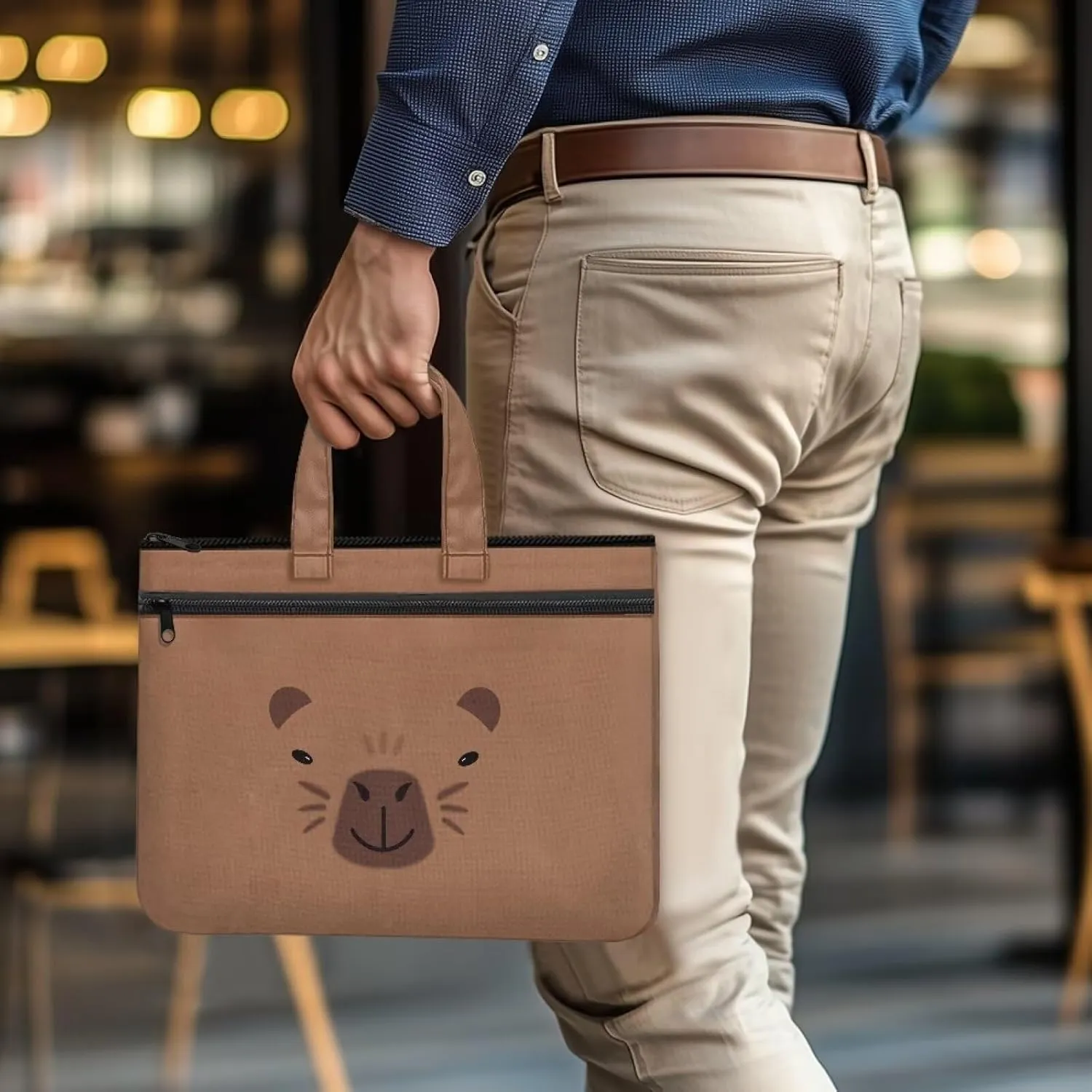 Canvas Document Bag with Zipper Portable Briefcase Portfolio Folder 2 Compartments Handbag Meeting Office Organizer Briefcase