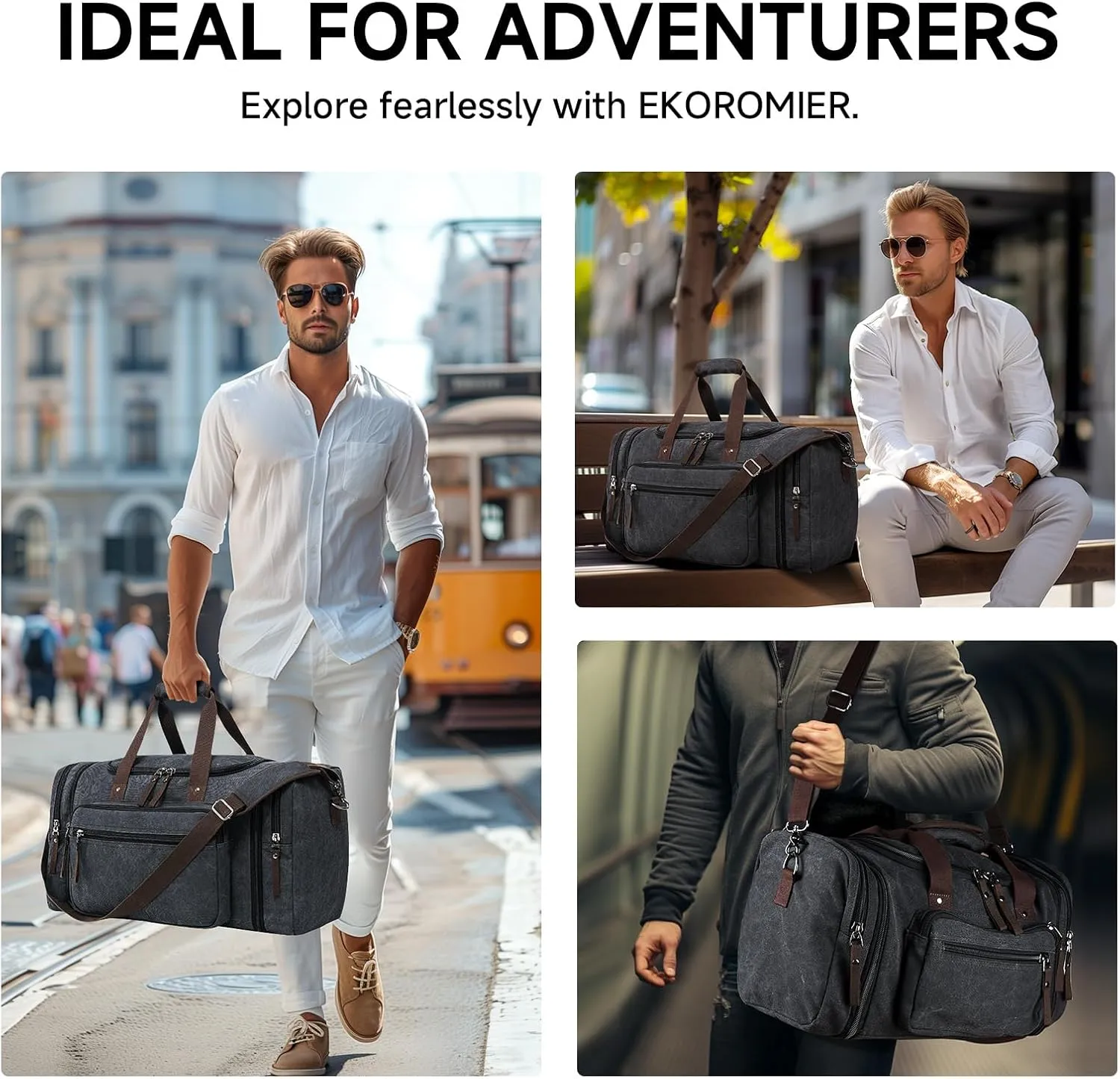 Canvas Expandable Duffle Bag for Men Traveling, Luggage Travel Bag Weekender Overnight Bag,Mens Gym Carry on Duffel Bags（Dark Grey）