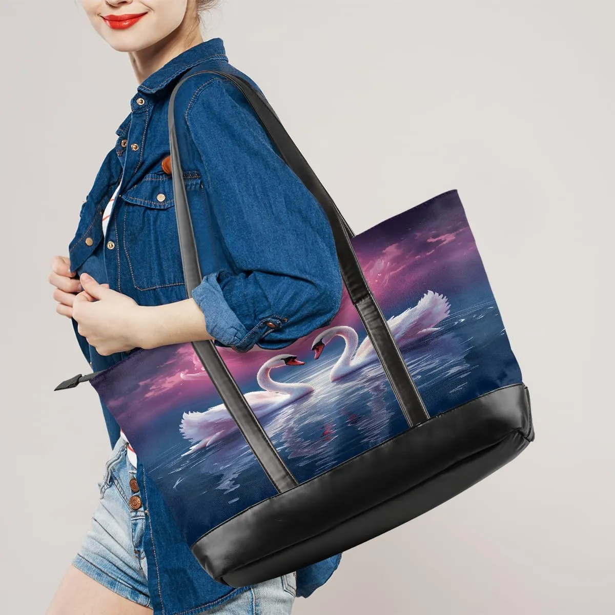 Canvas Laptop Tote Bag for Women Animal Swan Love Heart 15.6 Inch Large Capacity Computer Bag