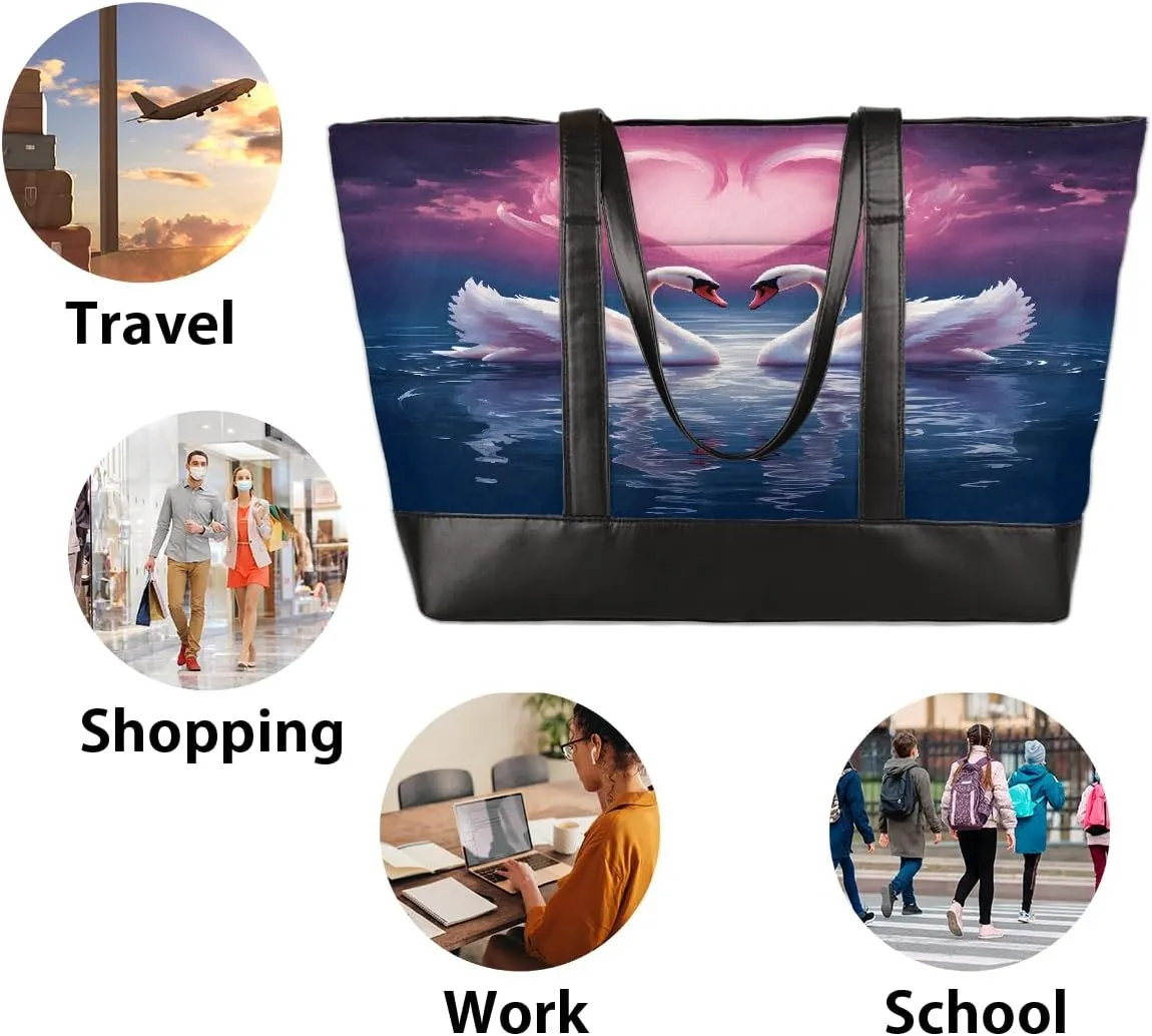 Canvas Laptop Tote Bag for Women Animal Swan Love Heart 15.6 Inch Large Capacity Computer Bag