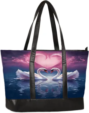 Canvas Laptop Tote Bag for Women Animal Swan Love Heart 15.6 Inch Large Capacity Computer Bag