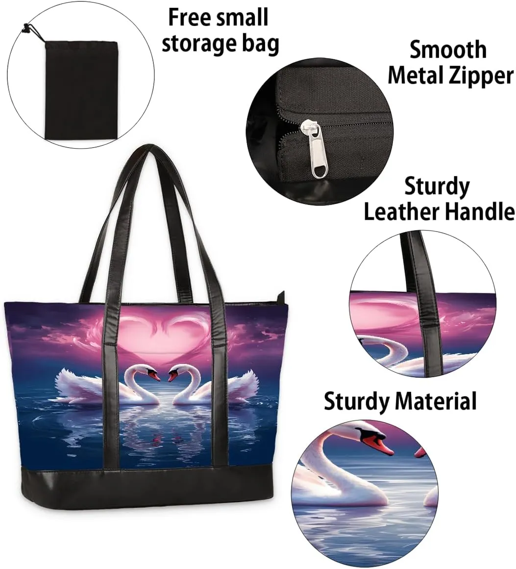 Canvas Laptop Tote Bag for Women Animal Swan Love Heart 15.6 Inch Large Capacity Computer Bag