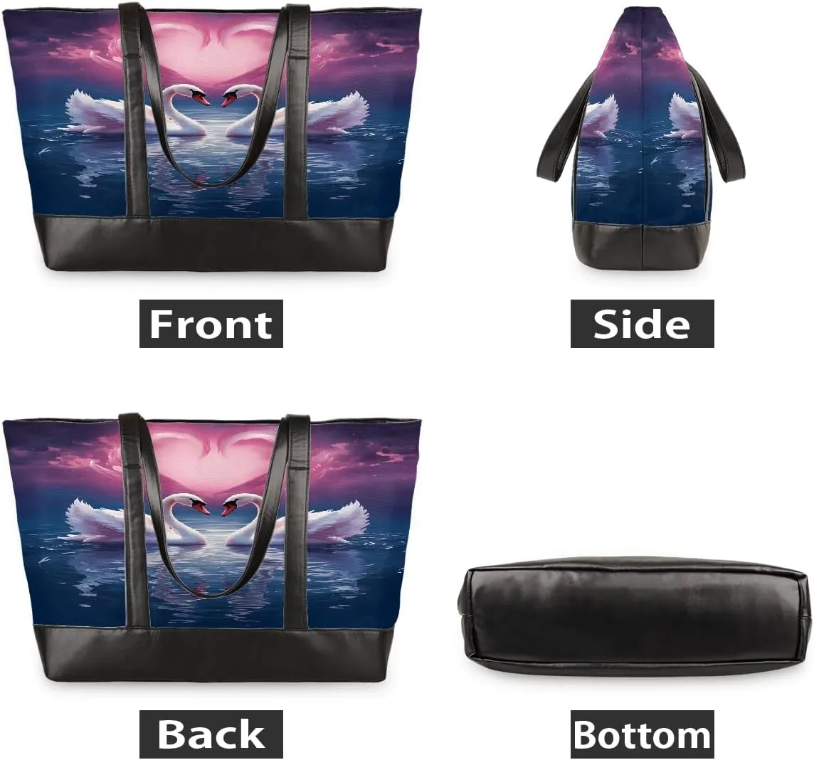 Canvas Laptop Tote Bag for Women Animal Swan Love Heart 15.6 Inch Large Capacity Computer Bag