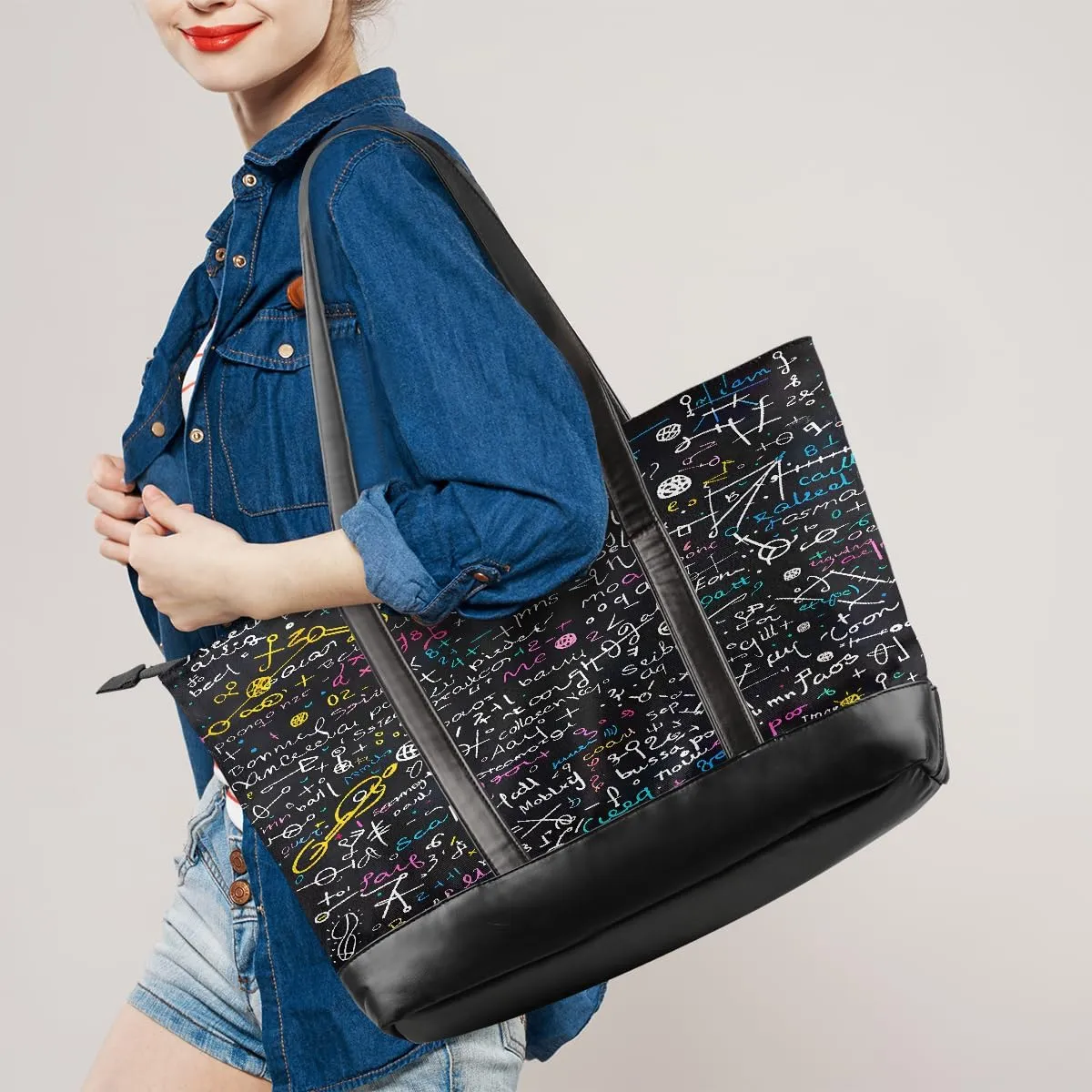 Canvas Laptop Tote Bag for Women Cherry Blossom Pink Blue 15.6 Inch Large Capacity Computer Bag