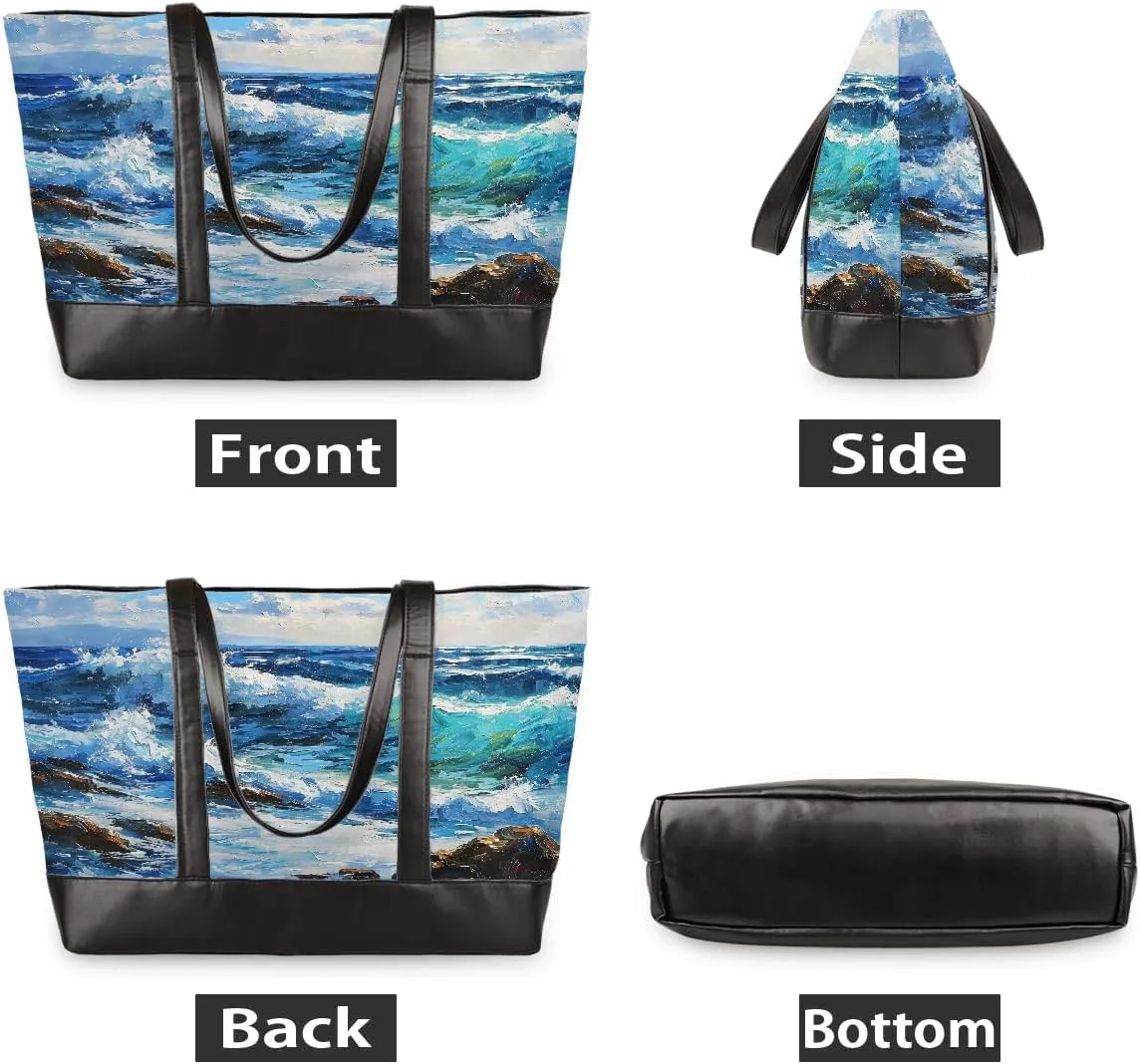 Canvas Laptop Tote Bag for Women Wood Blue Seaside 15.6 Inch Large Capacity Computer Bag