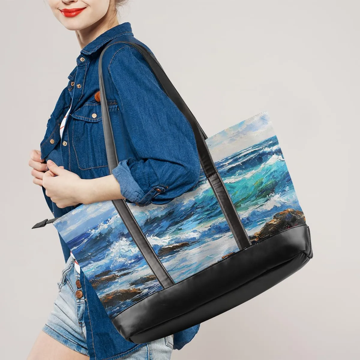 Canvas Laptop Tote Bag for Women Wood Blue Seaside 15.6 Inch Large Capacity Computer Bag