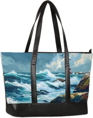Canvas Laptop Tote Bag for Women Wood Blue Seaside 15.6 Inch Large Capacity Computer Bag