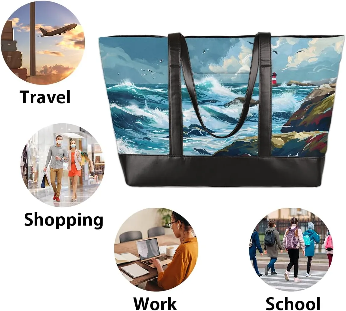 Canvas Laptop Tote Bag for Women Wood Blue Seaside 15.6 Inch Large Capacity Computer Bag