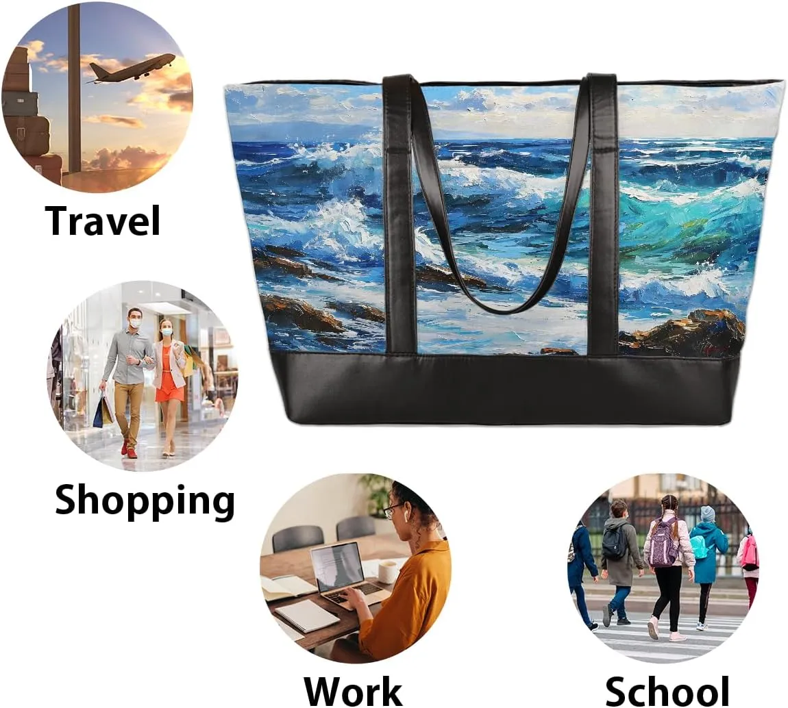 Canvas Laptop Tote Bag for Women Wood Blue Seaside 15.6 Inch Large Capacity Computer Bag