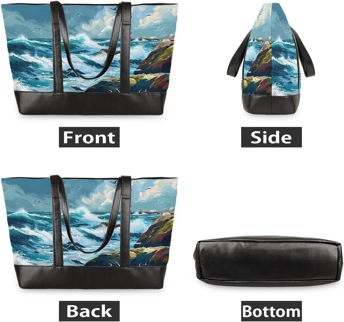 Canvas Laptop Tote Bag for Women Wood Blue Seaside 15.6 Inch Large Capacity Computer Bag