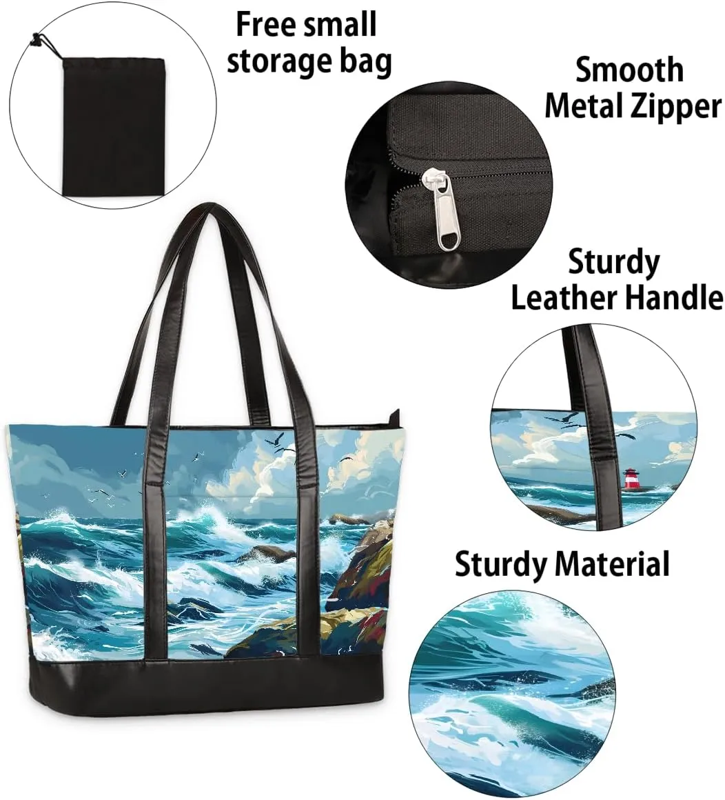 Canvas Laptop Tote Bag for Women Wood Blue Seaside 15.6 Inch Large Capacity Computer Bag