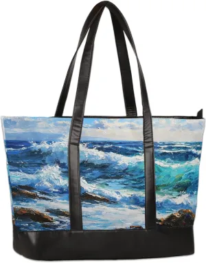 Canvas Laptop Tote Bag for Women Wood Blue Seaside 15.6 Inch Large Capacity Computer Bag