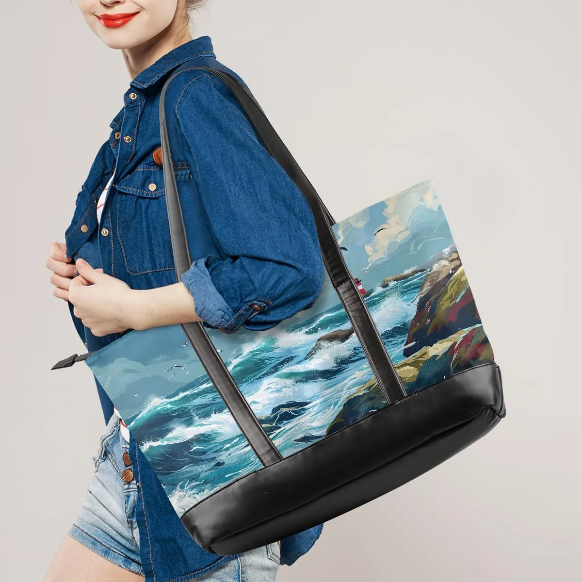 Canvas Laptop Tote Bag for Women Wood Blue Seaside 15.6 Inch Large Capacity Computer Bag